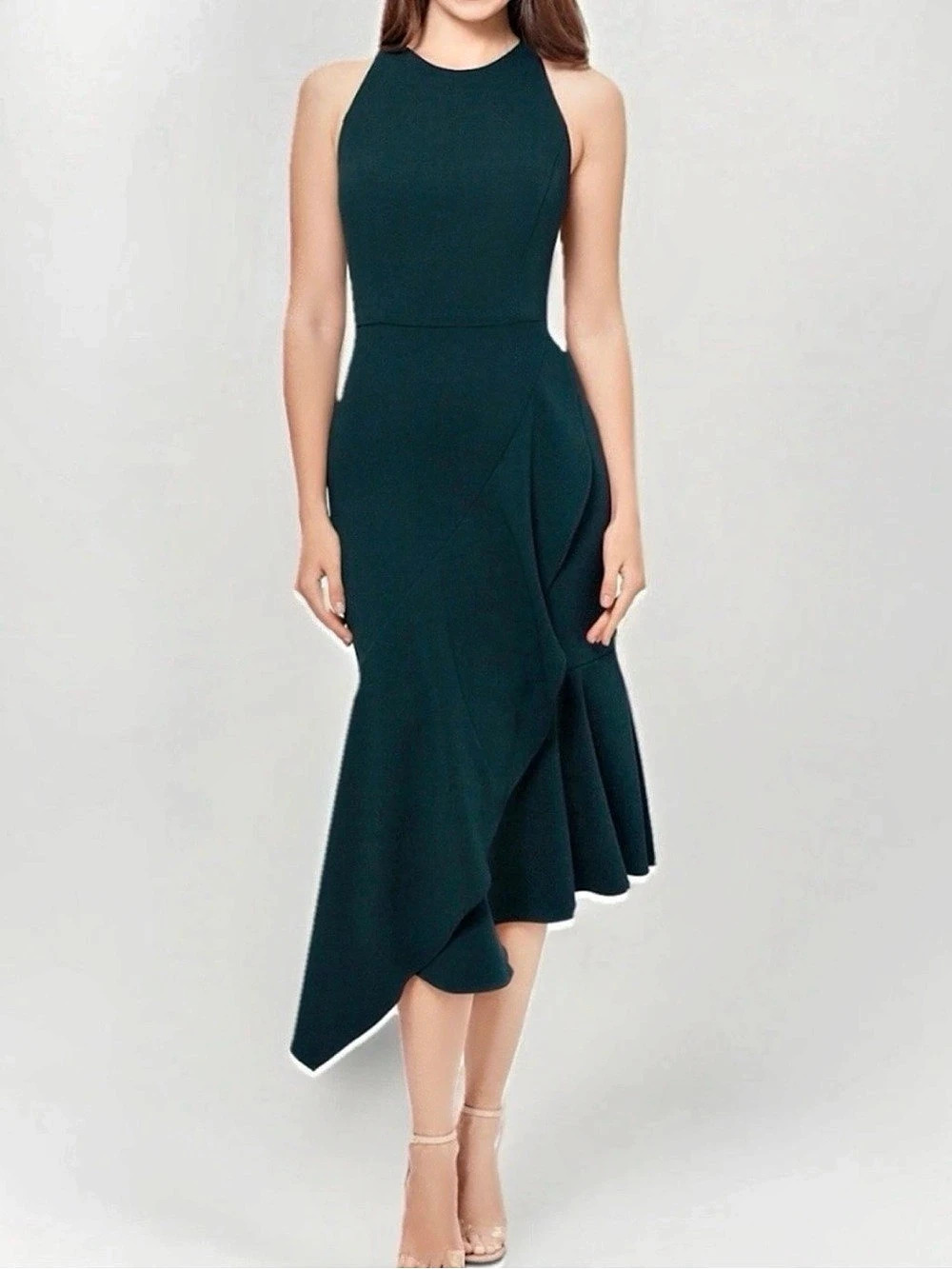 Betsy & Adam Emerald Green
Asymmetrical Ruffle Scuba Midi Halter Dress 12 NWT